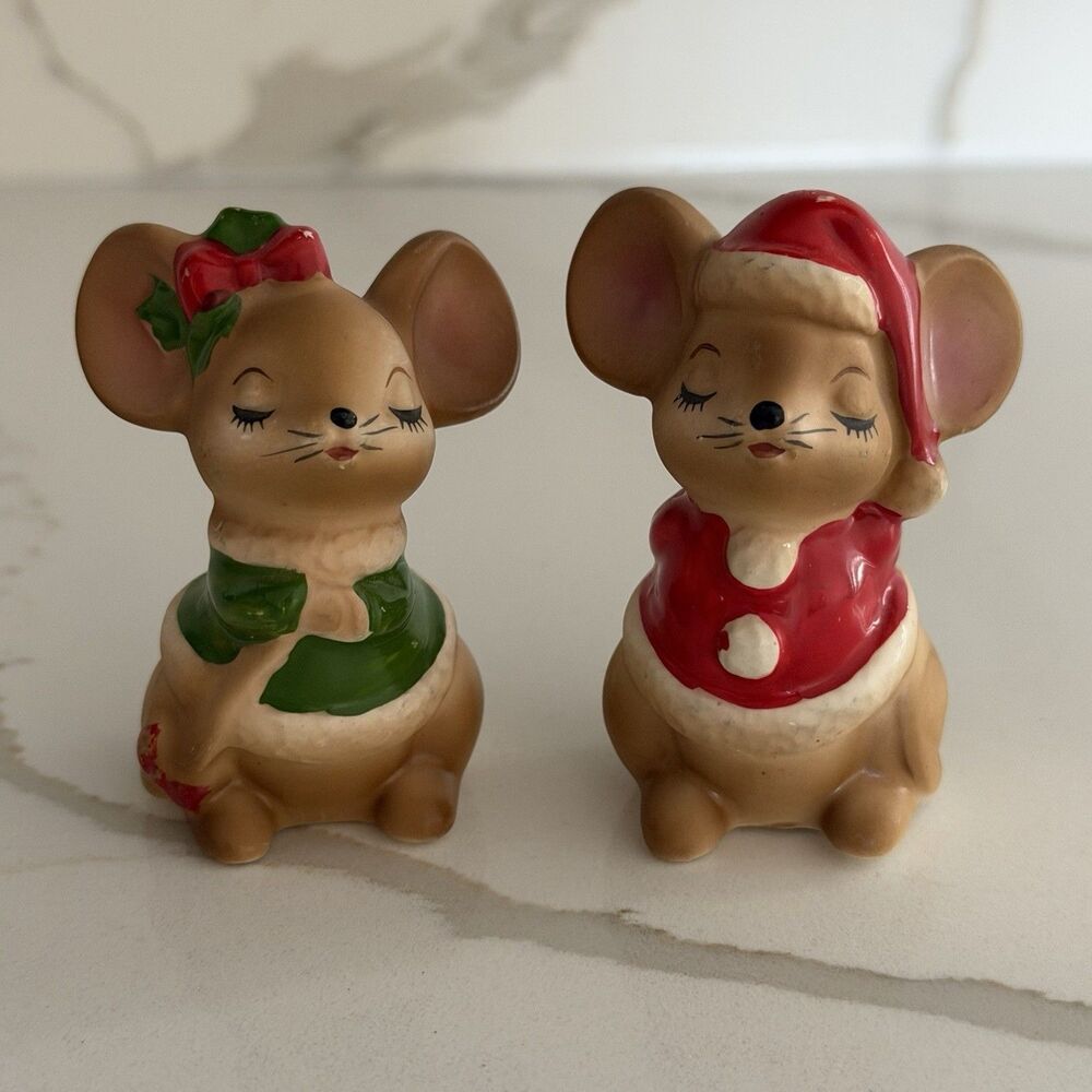 Adorable Josef Originals Christmas Boy Girl Mouse Salt Pepper Shakers Japan